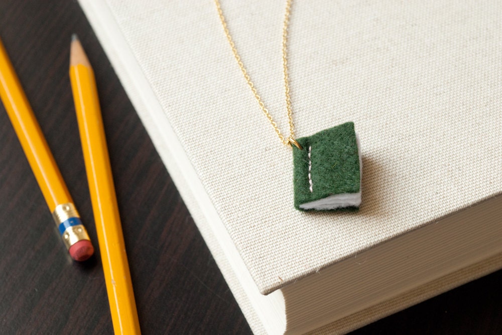 Book Necklace - Green Pendant - Eco Felt - Vegan - Stitched - Teacher Gift
