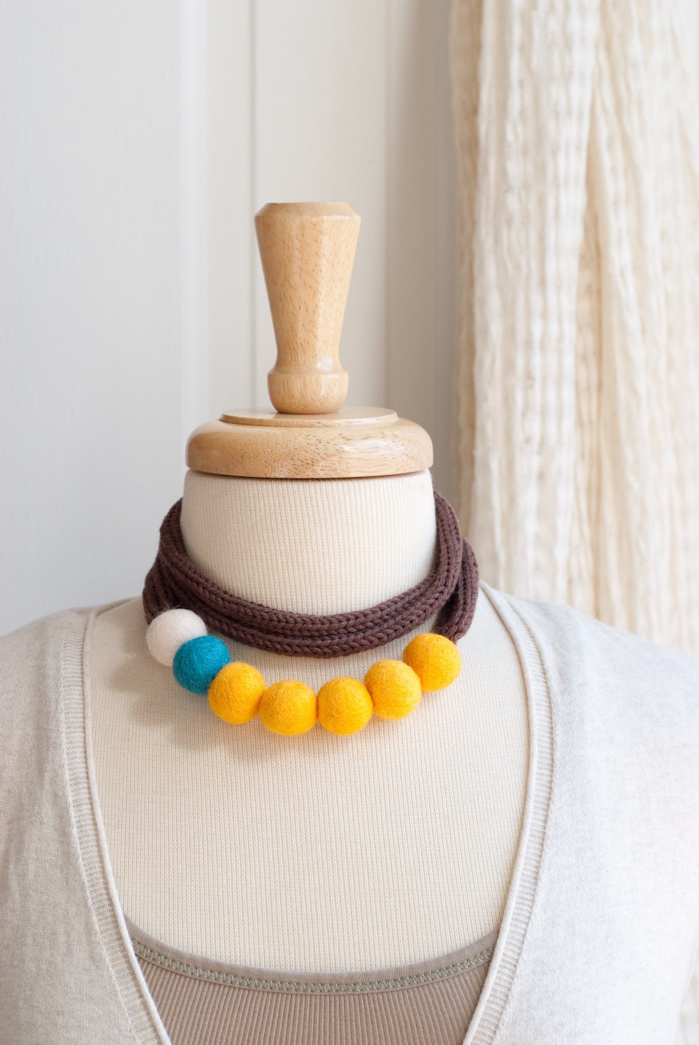 Color Story Bold Statement Necklace - Knit Cord - Felt Beads
