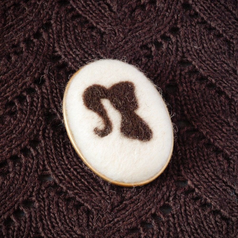 White Needle Felted Ponytail Cameo Brooch - Girl Silhouette - Modern Victorian