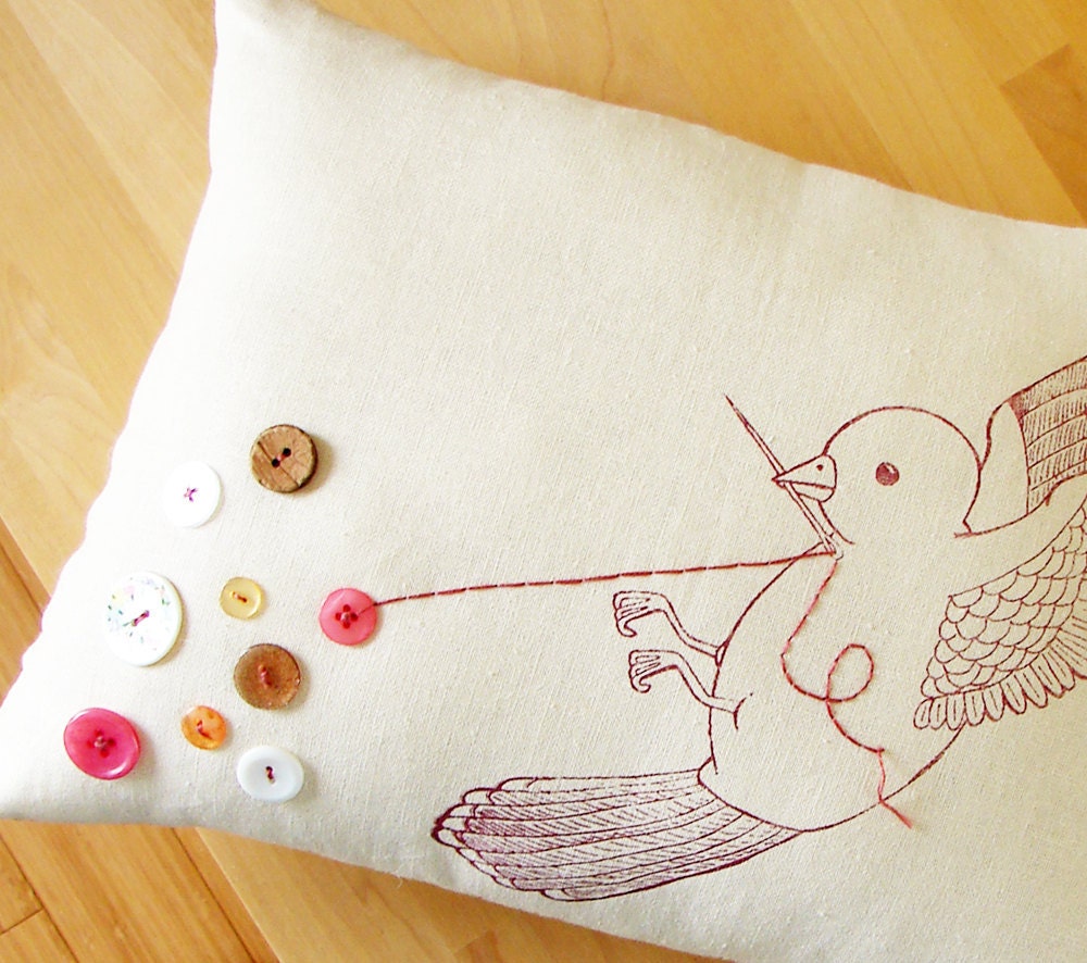 Handmade Embroidered Pillow - The Button Collector (antique rose)