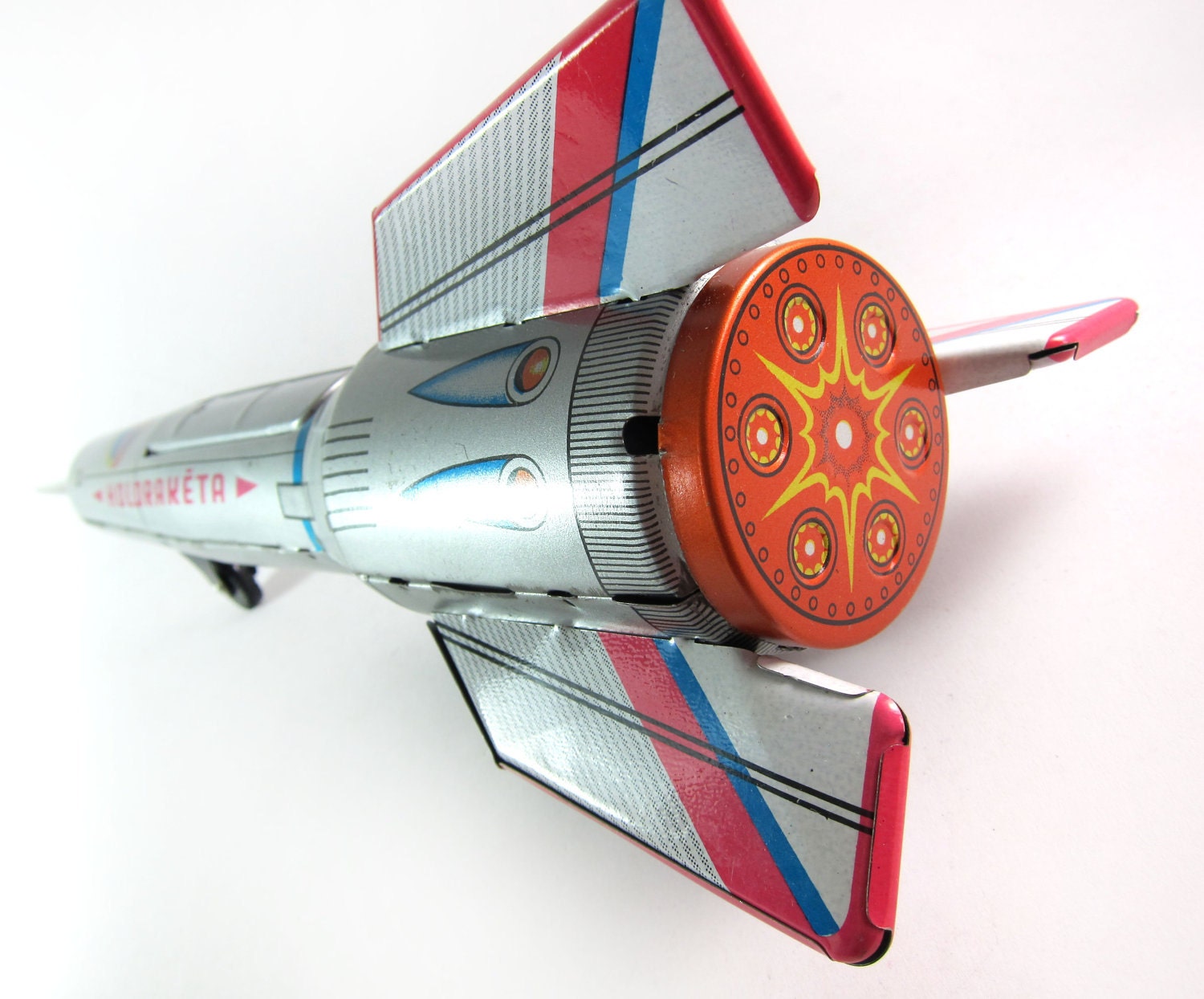 Vintage Hungarian Holdrakéta MoonRocket Ship Tin Wind-Up Toy and Original Box