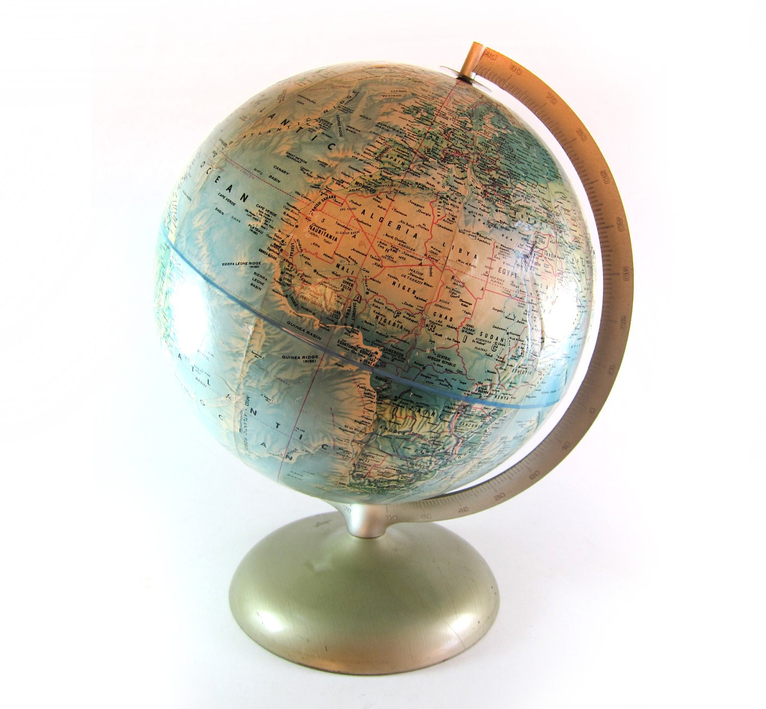 Vintage Mid Century Rand McNally 12 inch World Portrait Globe with Brushed Chrome Stand