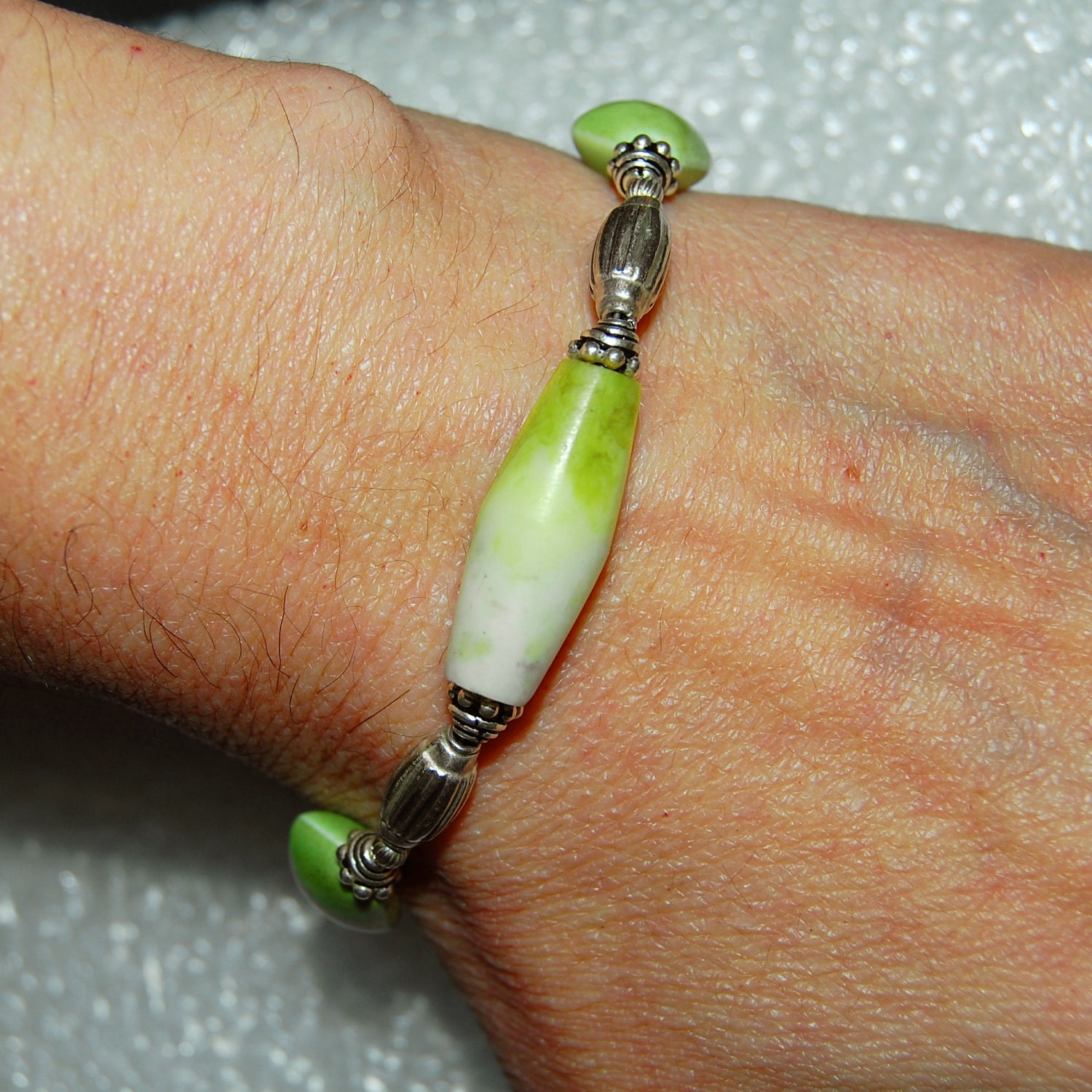 Afghani Jade Bracelet with , Wasabi Pearls, Lampwork, Lime Green Ceramic  Beads, & SS