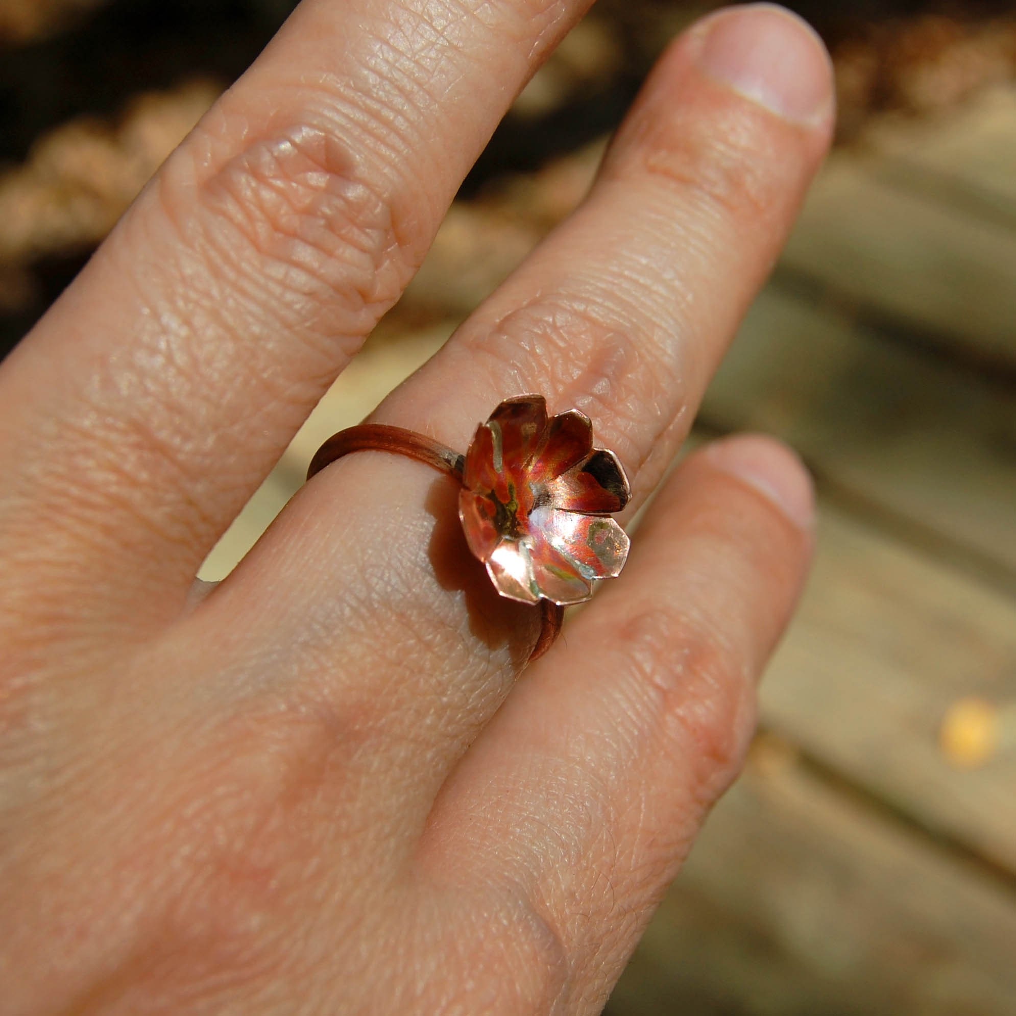 Hand Cut Copper Flower Ring (Sweet Clematis) Minimalist Stacker