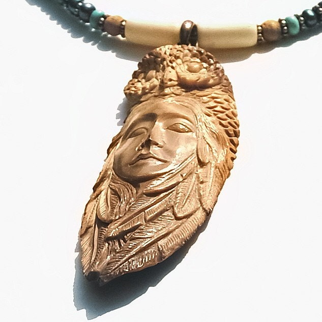 Genuine Carved Antler and Gemstone Necklace