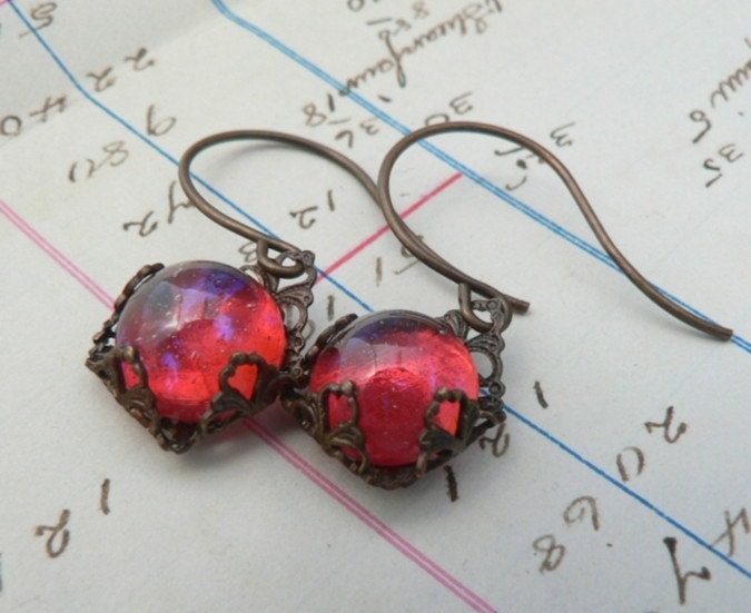 Orion earrings natural brass filigree and vintage art glass
