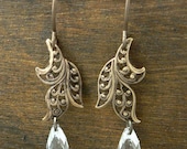 Crystal Deco Leaves natural brass filigree earrings