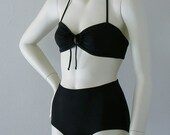Black Retro Bandeau and High Waisted Bottom Swimsuit in S-M-L-XL