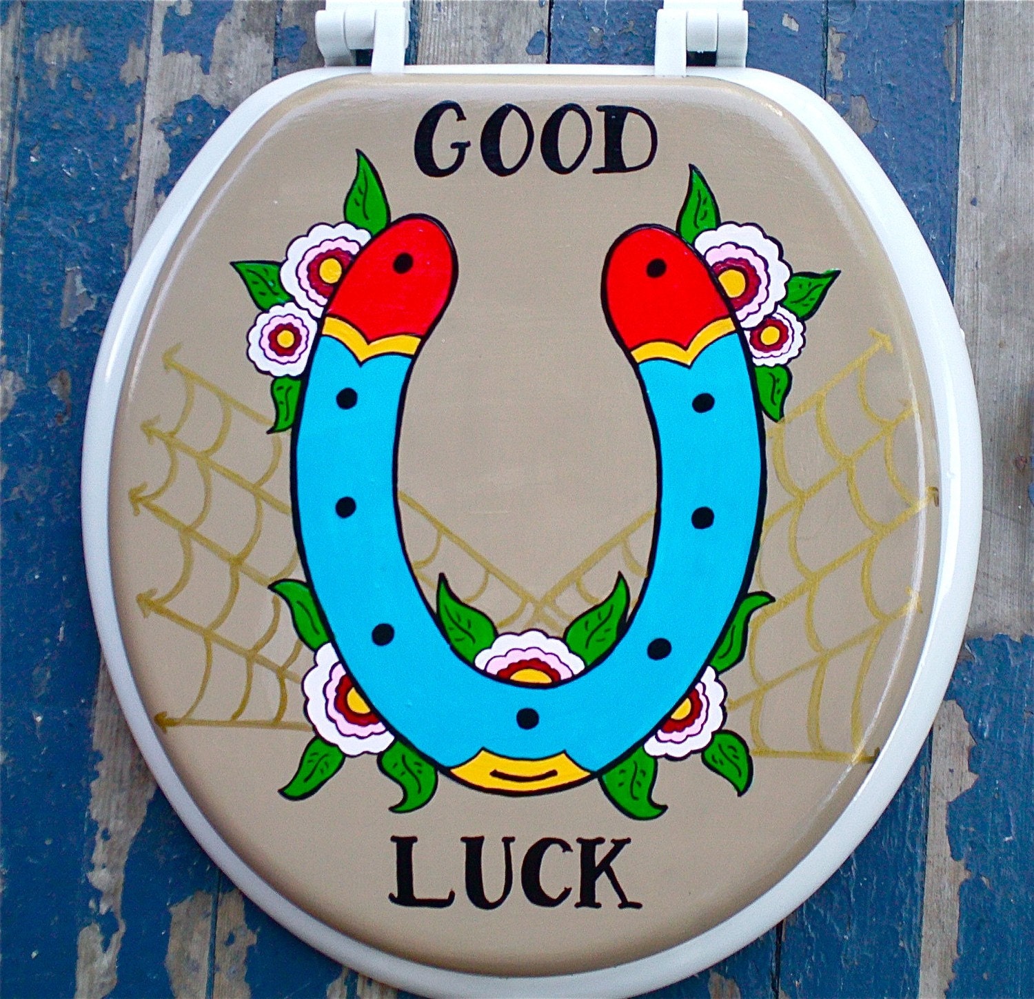 Horseshoe Tattoo Inspired Good Luck Toilet Seat Hand Painted by Debbie Is Adopted