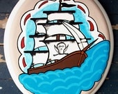 Aye Captain Pirate Ship Tattoo Hand Painted Toilet Seat by Debbie Is Adopted