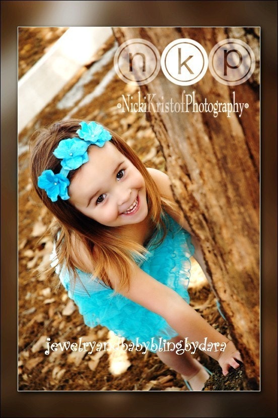 Turqouise Blue Triple Dainty Flower Headband with Swarovski Crystal Bling Centers on Soft Stretch Headband  UPIC COLOR