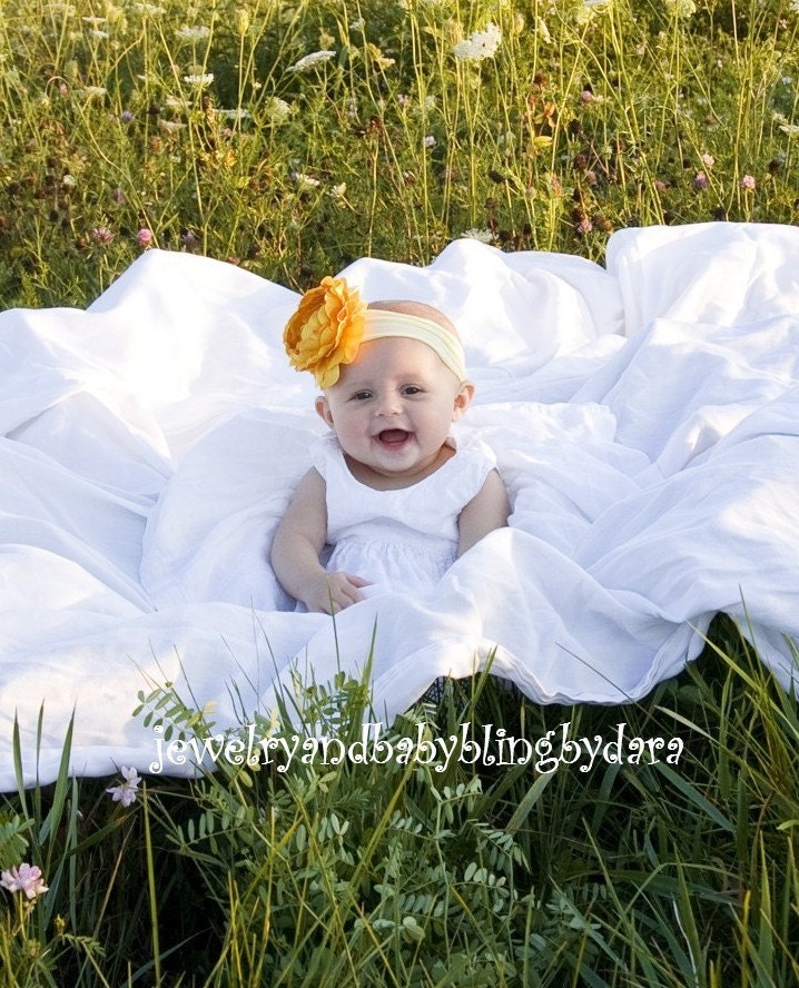 Bright Yellow Boutique Cabbage Rose Flower Headband on Super Soft Nylon with Swarovski Crystal Bling Center Perfect for Newborns Infants,Toddlers , Teens, Tweens or Adults