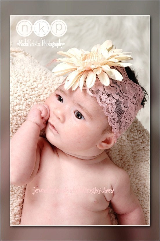 Cream Pink Gerbera Daisy Swarovski Crystal Center Pink Lace Headband Fits Infants Teens Tweens and Adults