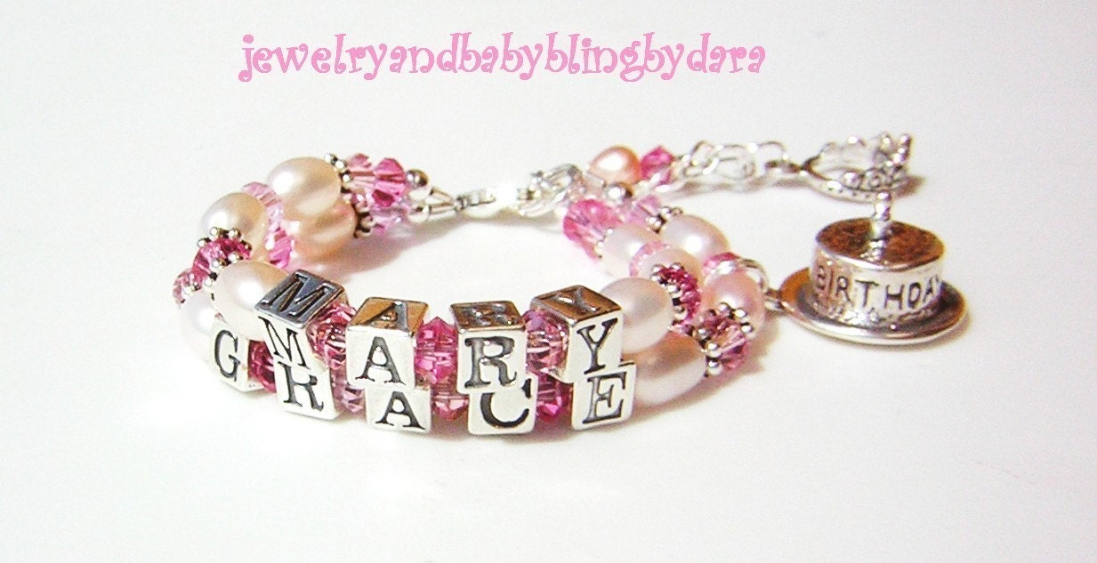 Custom Boutique Baby Girl Child FIRST BIRTHDAY PRINCESS Pink Pearl Swarovski Crystal 2 Strand Name Bracelet