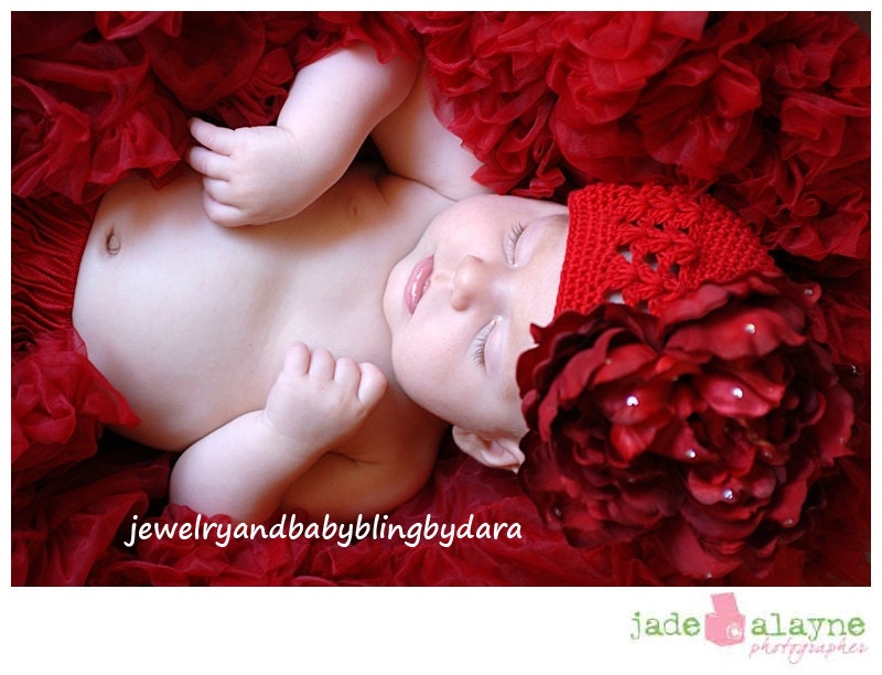 INFANT or TODDLER Baby Child Girl Crochet Knit Beanie Red Peony Swarovski Crystal Bling Flower Hat UPIC Hat Color and Size
