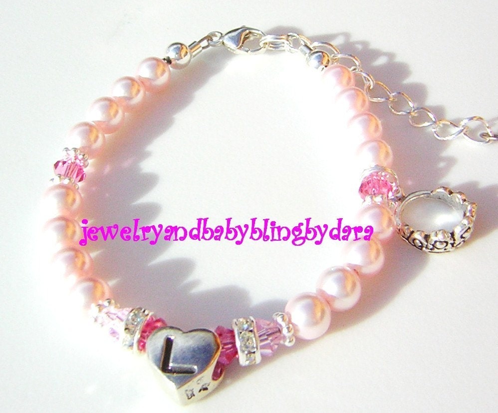 Baby Child Girl Teen Tween Sterling Silver Custom Boutique HEART INITIAL CHARM Swarovski Bracelet
