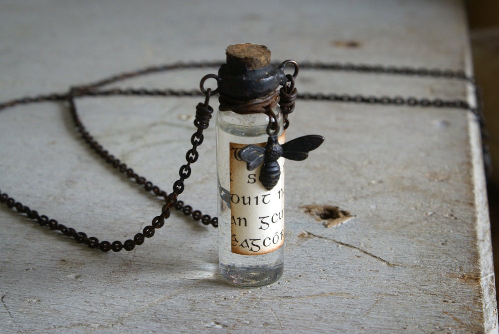 Holy Water Soldered Glass Bottle Pendant with Honey Bee Charm -- Handmade in Ireland