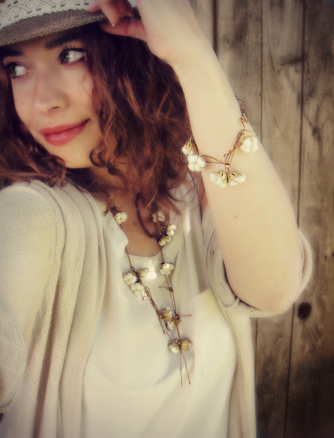 NEW Cotton Field Necklace with recycled felt cotton bolls brass hair pins and hand dyed sari silk