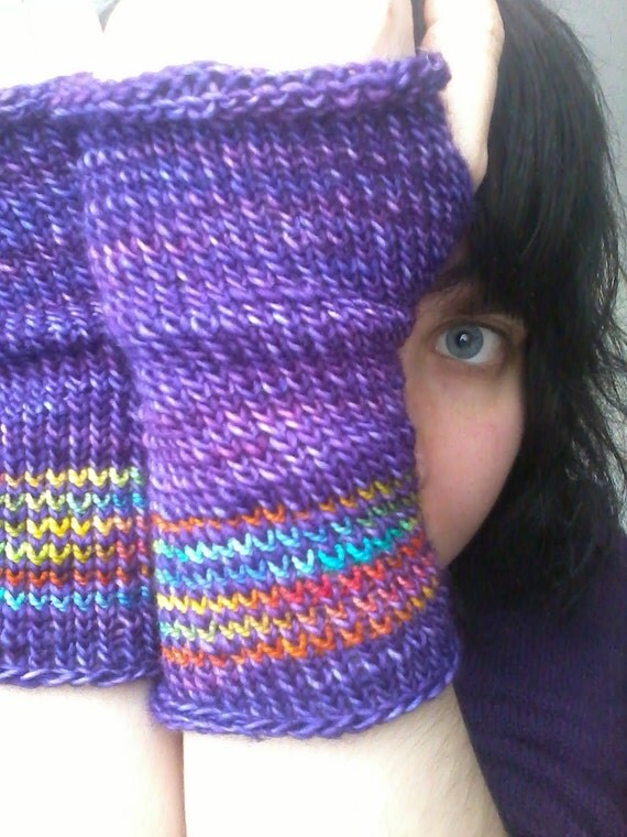 fingerless gloves - purple wool with rainbow stripe - red, yellow, orange, green, pink, and blue