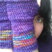 fingerless gloves - purple wool with rainbow stripe - red, yellow, orange, green, pink, and blue
