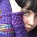 fingerless gloves - purple wool with rainbow stripe - red, yellow, orange, green, pink, and blue