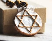 Pearl white and gold Star Of David texture pendant on delicate antique brass chain with gold czech glass beads