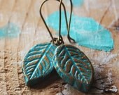 Turquoise leaf earrings - leaf texture on cold clay
