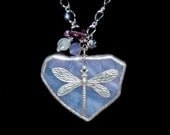 Handmade Dragonfly Stained Glass Pendant Necklace, 27" blue, purple & white stained glass jewelry, silver-tone chain