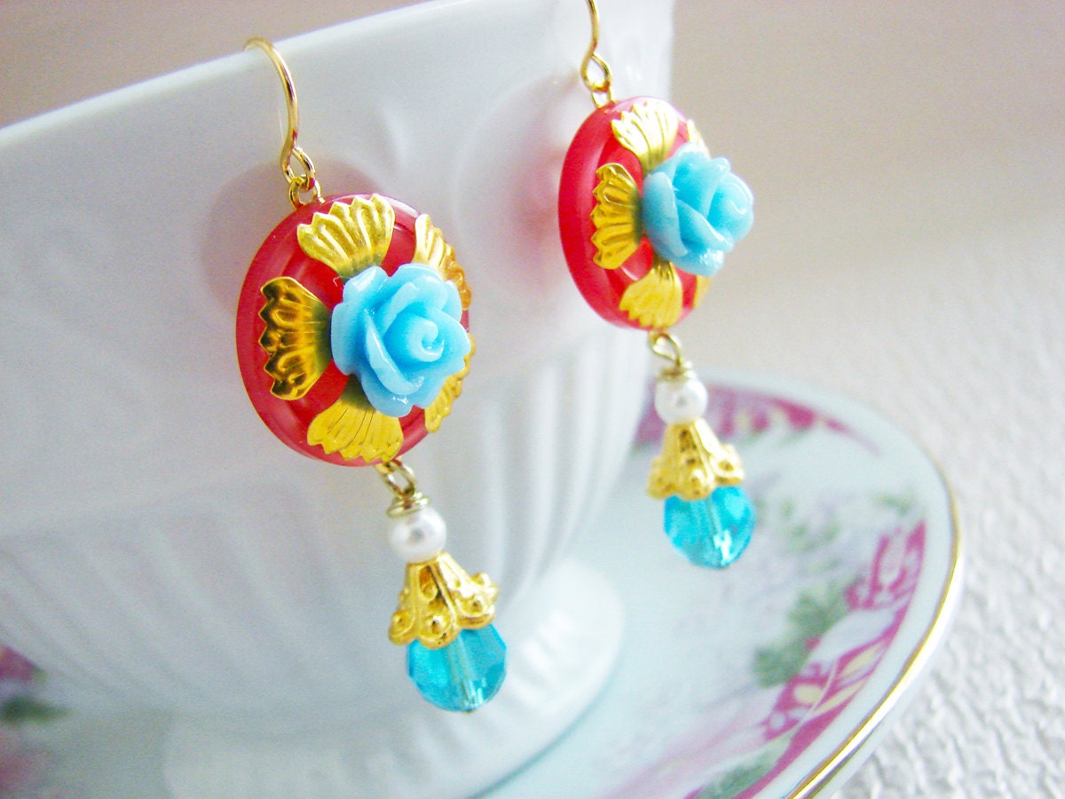 Assemblage Earrings, Romantic Carved Flower Blue Crystal Dangle Gold Pink, Princess Taisie