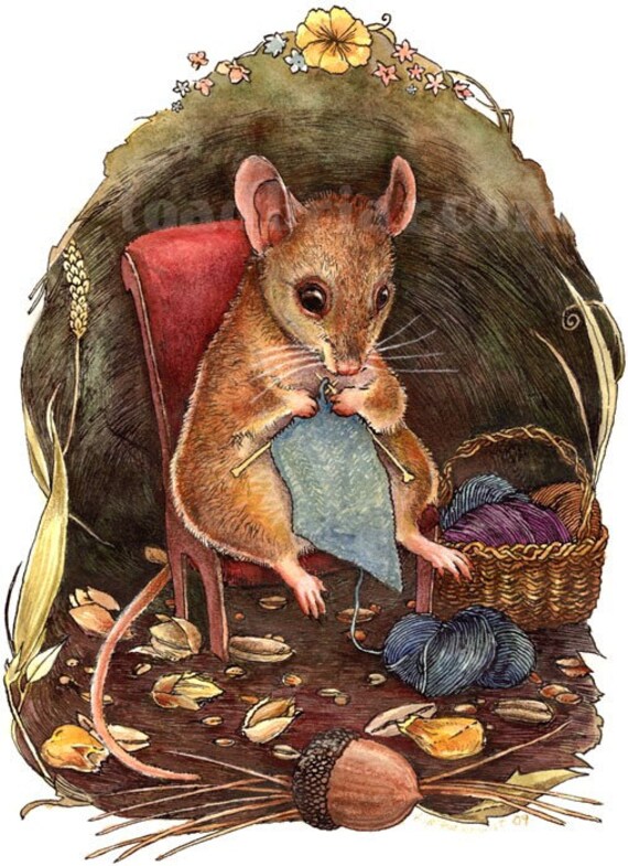 Knitting Mouse Original Watercolor Painting by Kim Parkhurst - Free Shipping in US and Canada