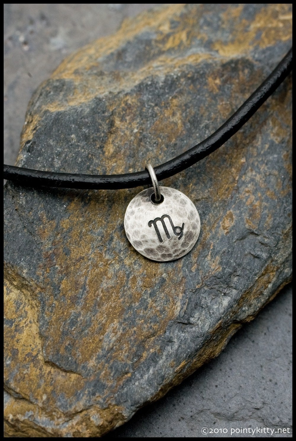 Virgo - Hammered Sterling Zodiac Pendant on Black Leather Necklace