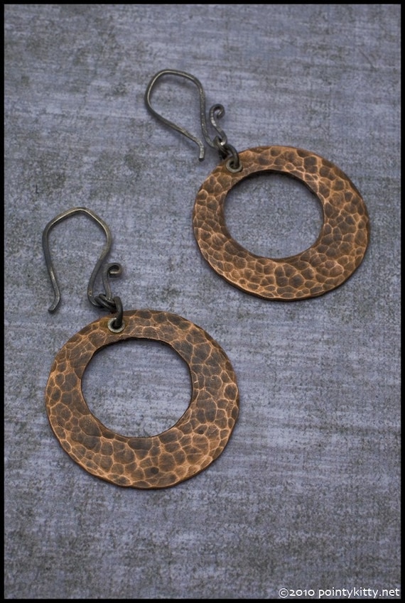 Zylphia - recycled sterling silver and copper hand-hammered offset hoop earrings