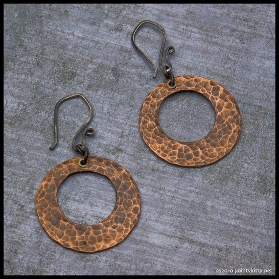 Zylphia - recycled sterling silver and copper hand-hammered offset hoop earrings