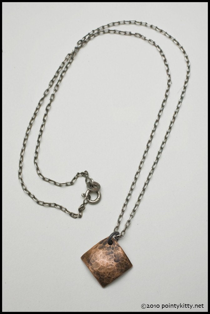 Philana - recycled sterling silver and copper hand-hammered diamond pendant necklace