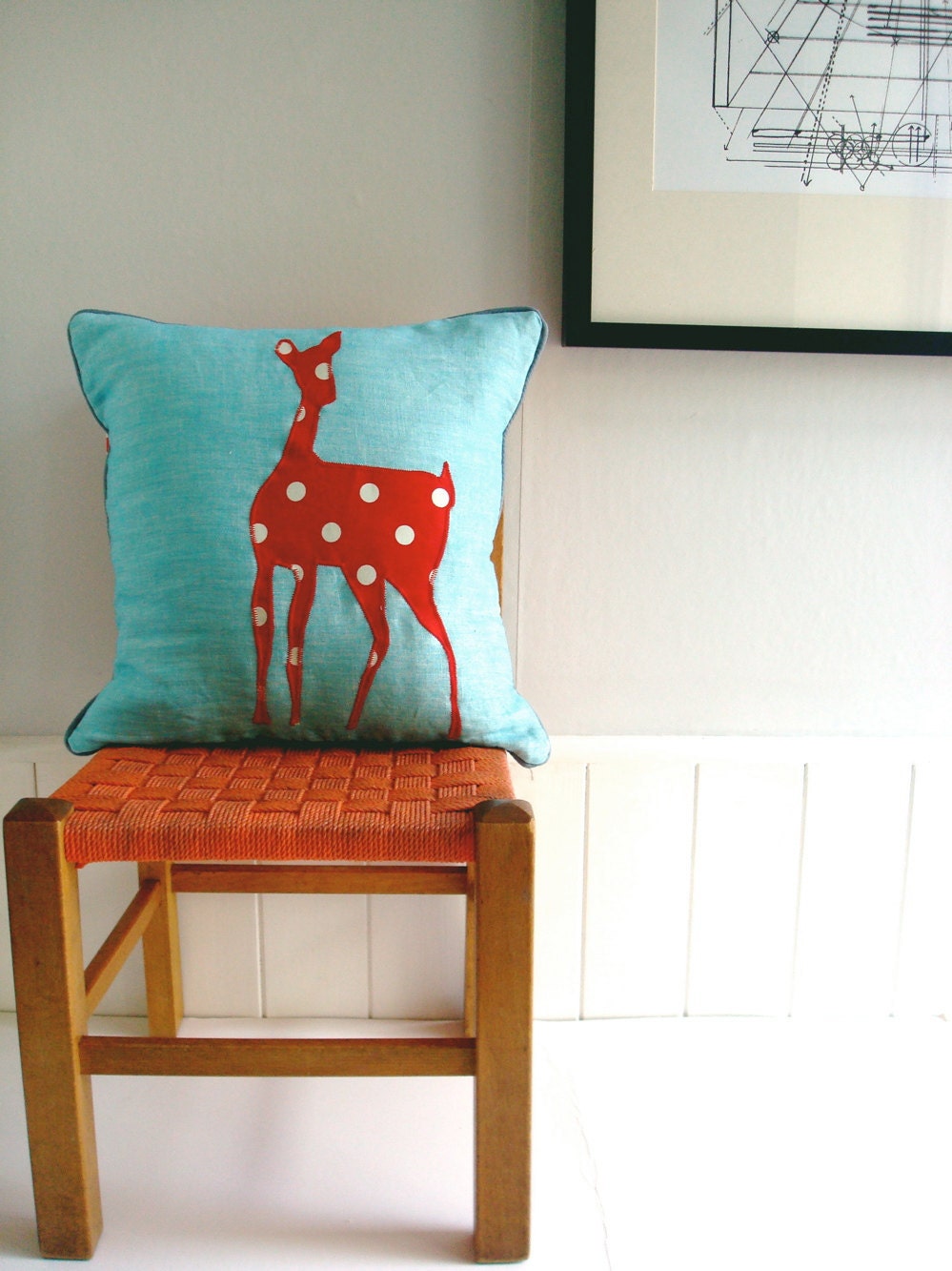 Blue Linen Animals Cushion - red doe