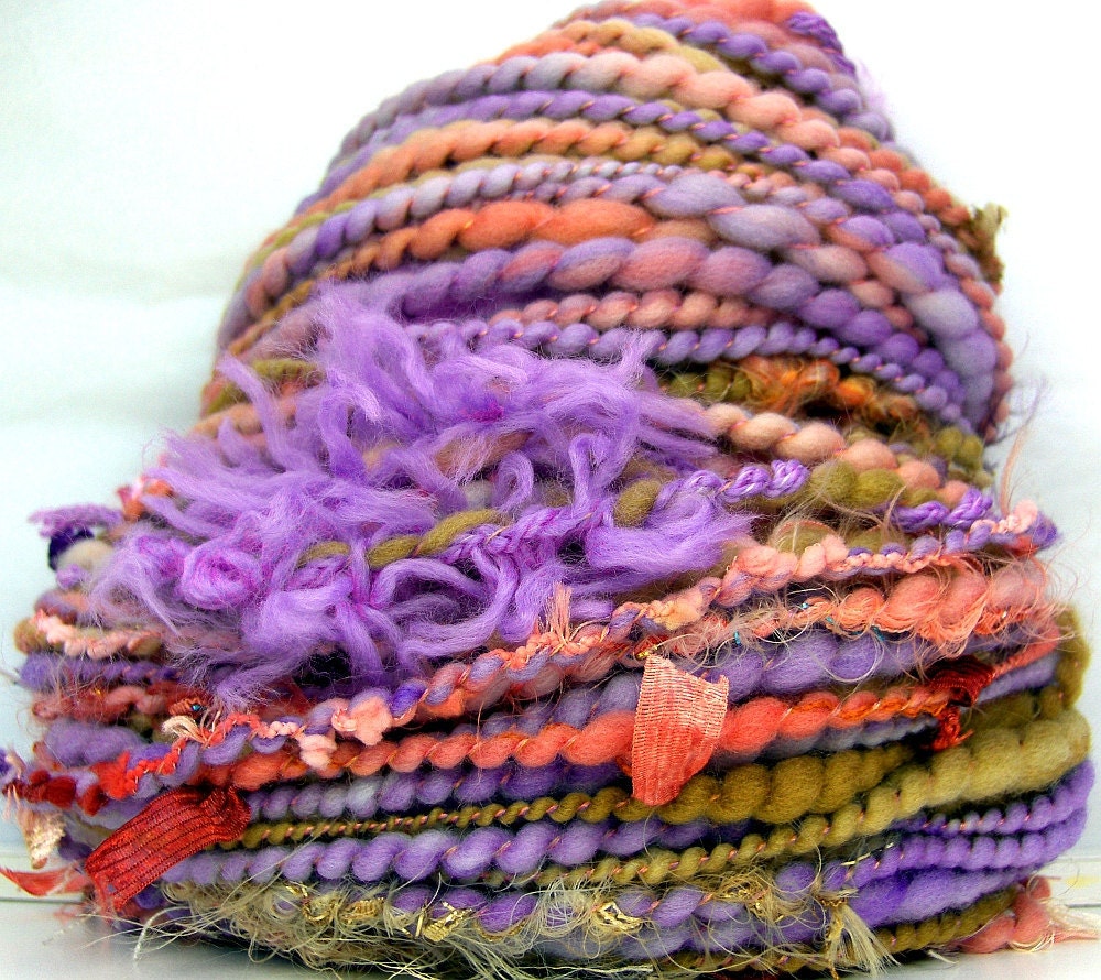 HandSpun Art Yarn bulky wool Coral Lilac Sands 56 yards Kitty Grrlz FunctionArt art yarn