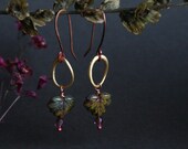 brass and copper earrings with glass leaves - mixed metal - drop earrings - bohemian jewelry
