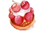 Cherries and Whipped Cream Pastry Original Watercolor Painting - Sweet Kitchen Art