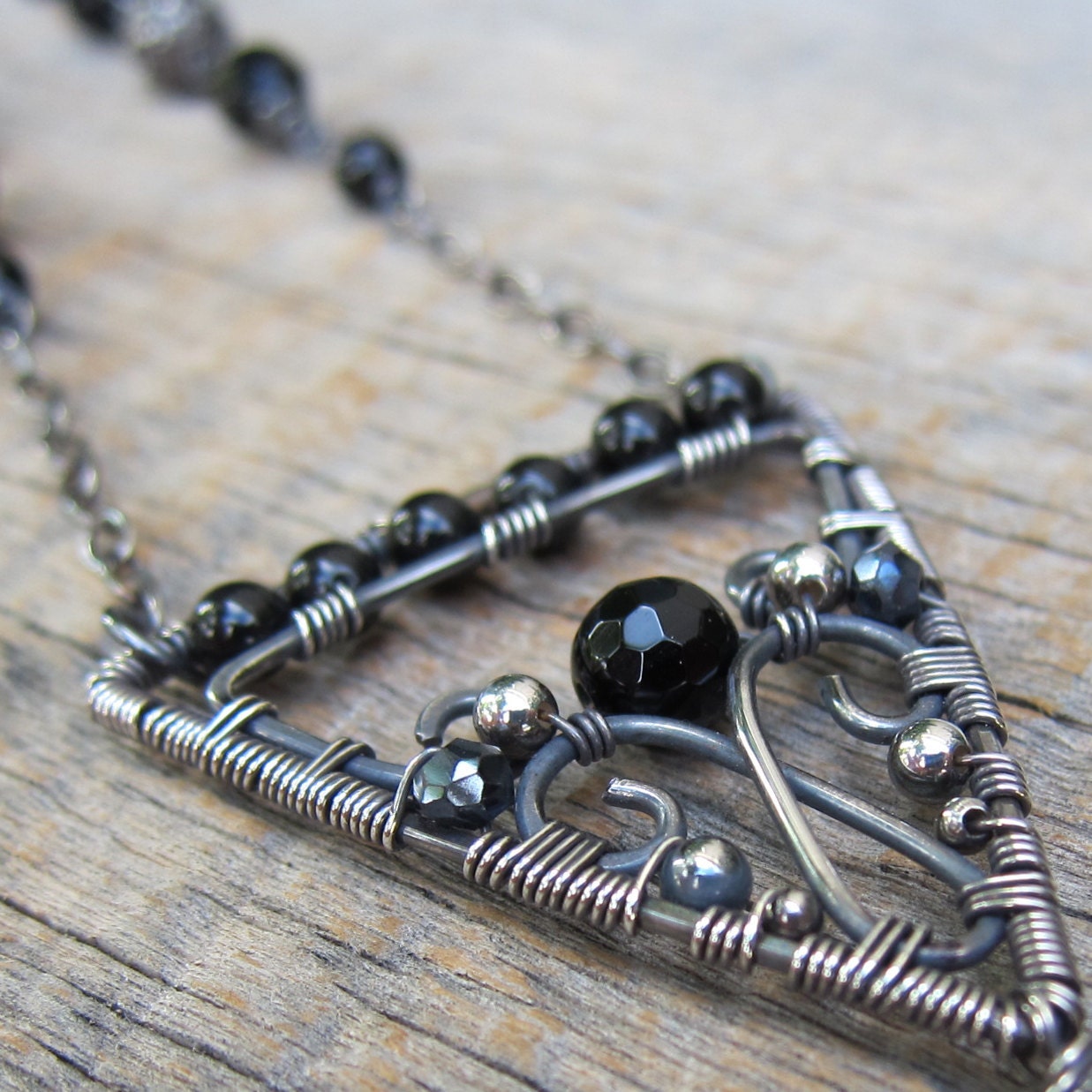 Carpe Noctum Necklace ... Wire Wrapped Arrow Pendant with Onyx and Black Spinel