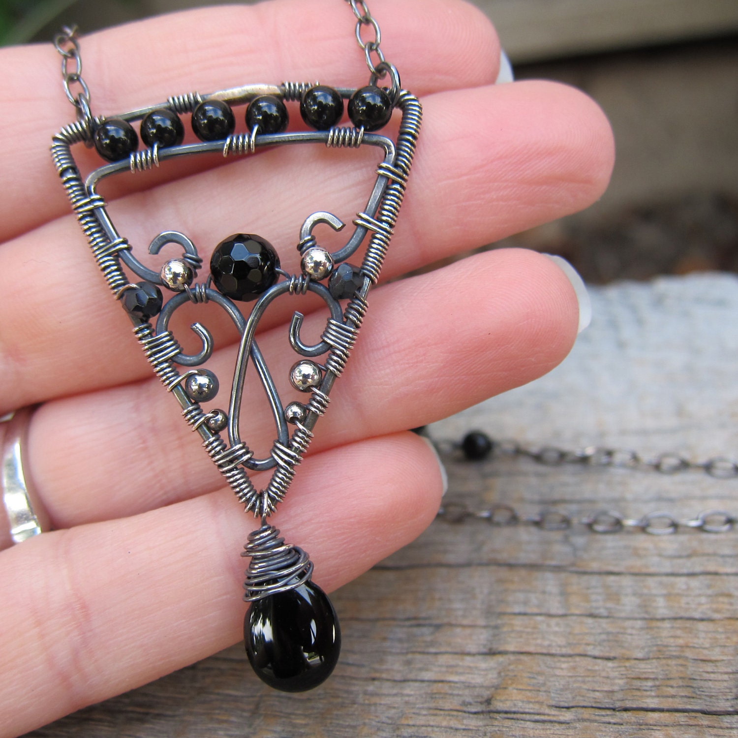 Carpe Noctum Necklace ... Wire Wrapped Arrow Pendant with Onyx and Black Spinel