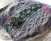 In Stitches n1.  eco friendly textile cuff - hand dyed - silk- salvaged beadwork - 1920s - antique lace - plum - teal
