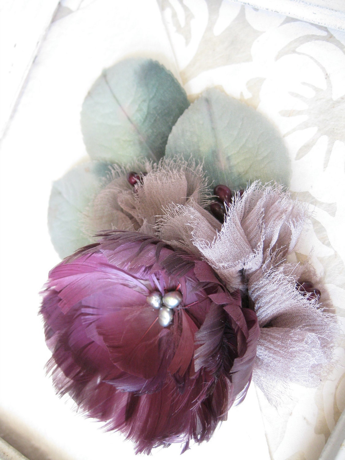 dramatic feather flowers- custom clip - silk rose fascinator -wedding headpiece - plum - lavendar - pearls
