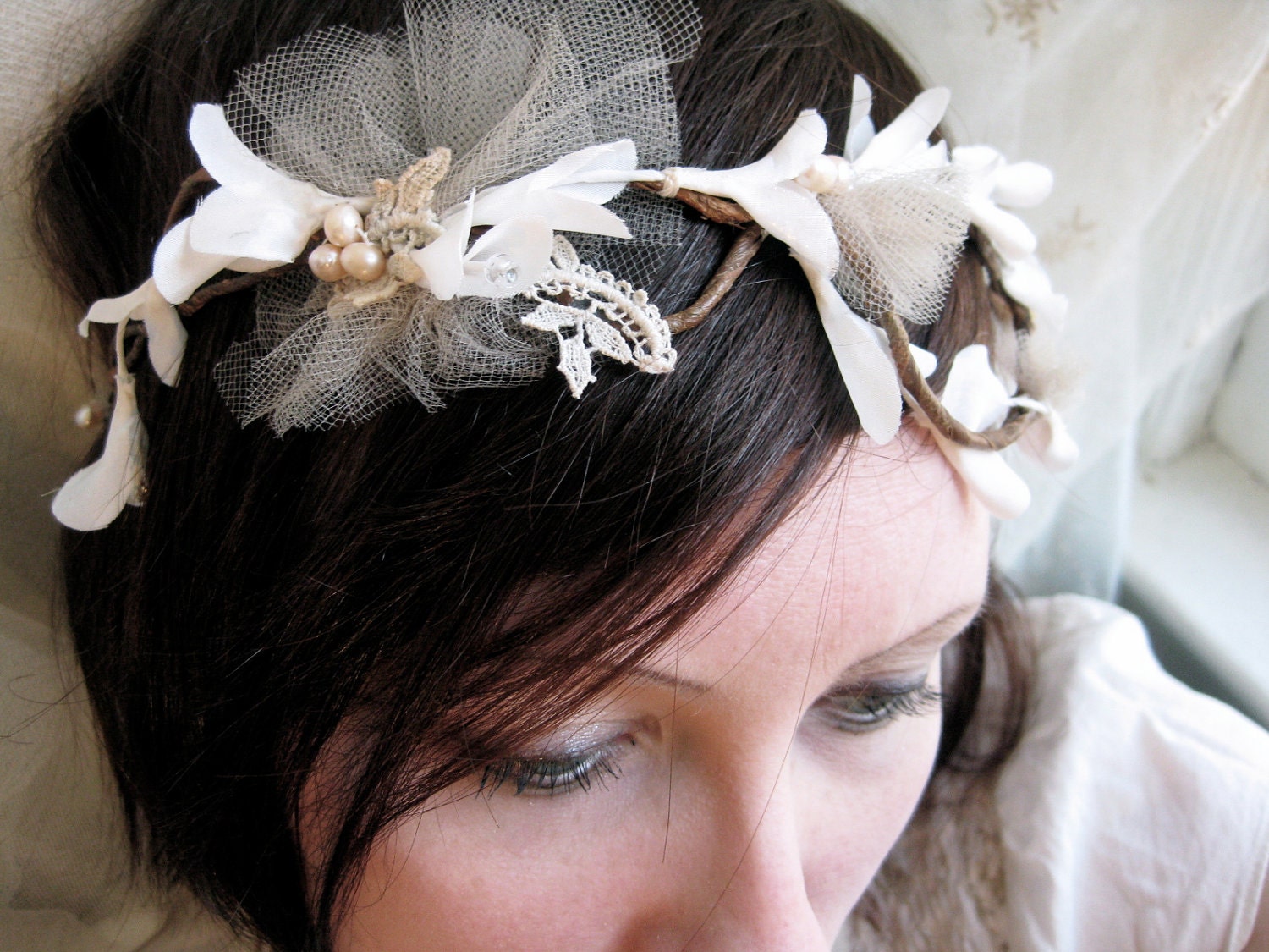 custom wedding - woodland crown - natural branch headband - silk blossom - tulle - outdoor wedding - eco