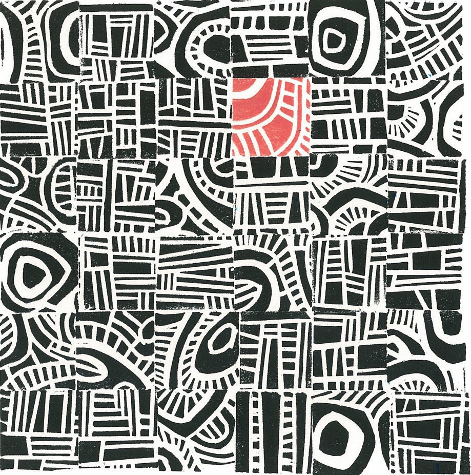 LINOCUT RELIEF PRINT - Hundertwasser Mini - Mid Century Modern Linoleum Block Print