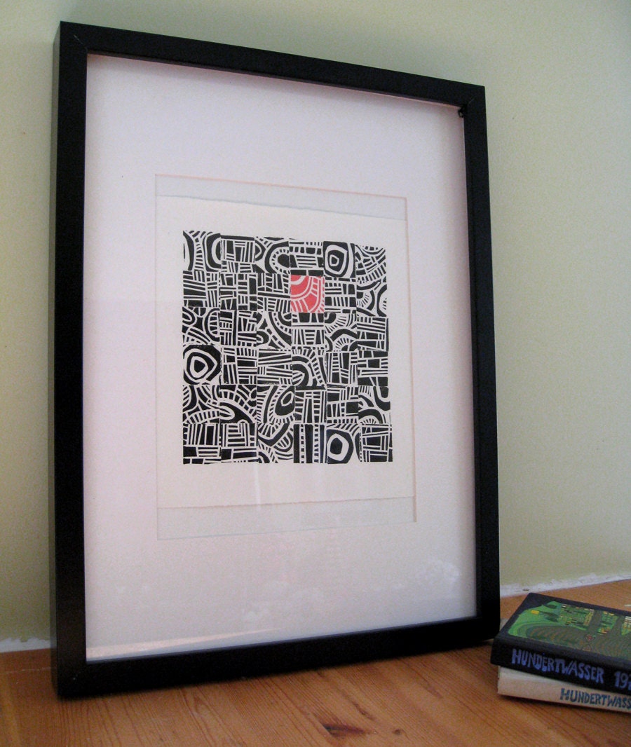 LINOCUT RELIEF PRINT - Hundertwasser Mini - Mid Century Modern Linoleum Block Print