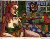 Original Collograph Painted with Watercolor  Marmalade Cat Window Interior