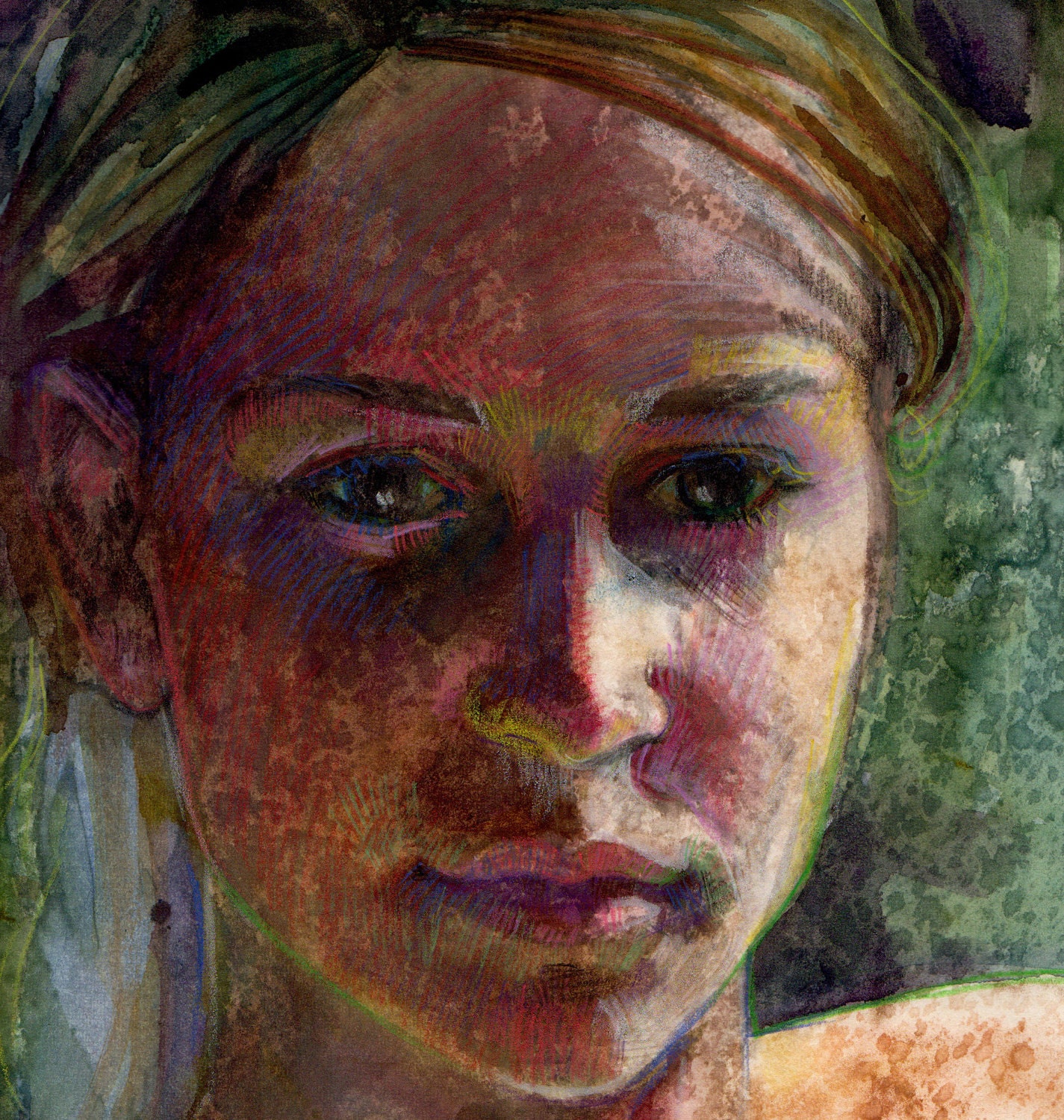 Original Art Monotype Printmaking Young Girls Face Countenance