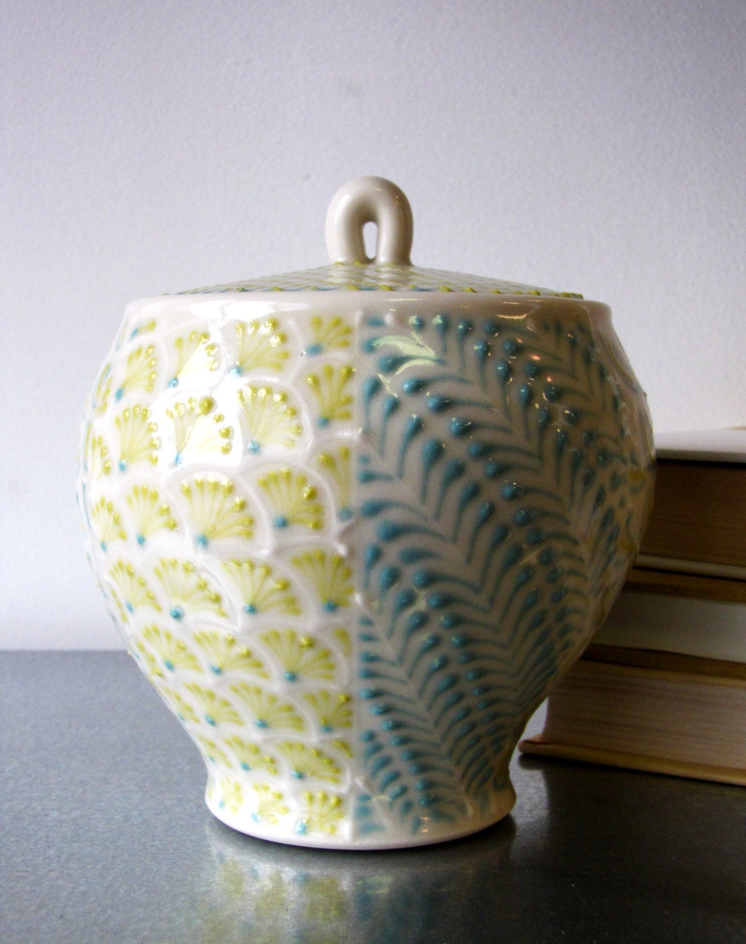 SALE Large Jar of Chartreuse and Turquoise