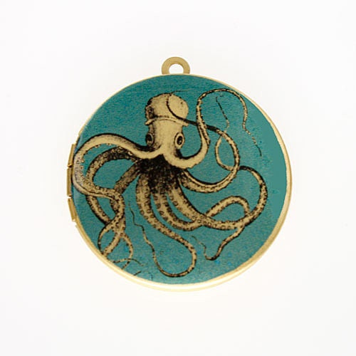 Photo Locket, Image Locket, Art Locket, Picture Locket, Brass Locket, Round Locket, Octopus Jewelry - RETRO VINTAGE OCTOPUS - Teal