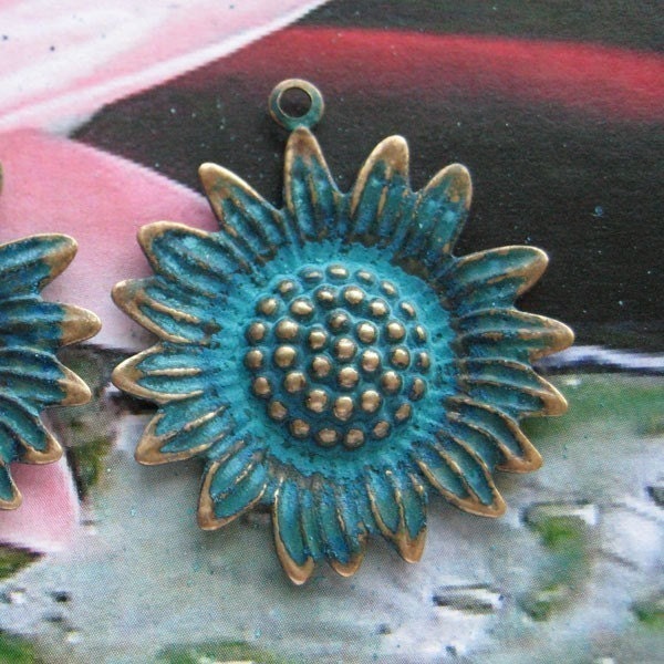 WEATHERED VERDIGRIS...Brass Sunflower Pendants With Ring...2 Pieces